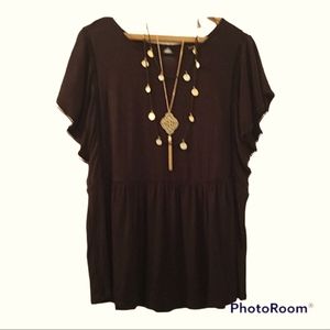 RXB Soft Black Flutter Sleeve Peplum Boho Top With Pom Trim NWT